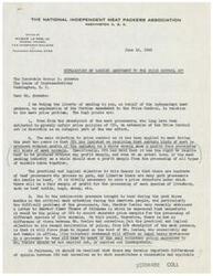 ["The document is a letter from Wilbur La Roe, Jr., the General Counsel of The National Independent Meat Packers Association, to the Honorable George B. Schwabe explaining the Barkley amendment to the Price Control Act in relation to the meat price problem. The main points of the letter include the need for a fair profit margin for processing each species of livestock, the differences in opinion between the meat packers and OPA, and the importance of having this requirement written into law rather than relying on personal promises. The document urges support for the Barkley amendment as it strengthens price control."]