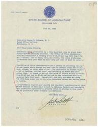 ["Joe C. Scott, President of the State Board of Agriculture in Oklahoma City, writes to Congressman George B. Schwabe to request an increase in the ceiling price for onions due to damage caused by hail, rain, and storms. The reduced production this year will result in farmers losing money unless the price is raised from $1.95 to $2.50 per bag. Scott emphasizes the importance of the onion industry in Oklahoma and asks for immediate consideration of his request."]