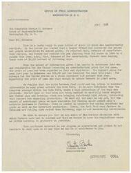 ["The document is a response to concerns raised by a member of the House of Representatives regarding prices and points established on canned goods. The Office of Price Administration explains that the price of peas has been fair and that farmers are expanding production. They also mention the challenges farmers face in balancing feed costs and hog prices, and the need to conserve corn for essential war goods. The OPA assures the representative that they are aware of the obstacles farmers face and are working to minimize hardship. They also express appreciation for the representative's interest and offer assistance."]