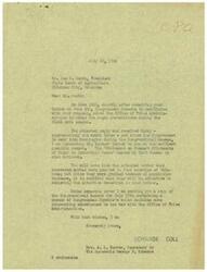 ["The document from Joe C. Scott, President of the State Board of Agriculture in Oklahoma City, to Congressman George Schwabe raises concerns about the reduction of sugar quotas for industrial users, particularly affecting the dairy industry in Oklahoma during peak milk production. Scott emphasizes the need for sufficient sugar for ice cream manufacturers to utilize surplus milk and prevent waste. Congressman Schwabe requests the Office of Price Administration to relax sugar restrictions, but the response from the OPA indicates that quotas have been increased in some counties due to population growth, but may not effectively address the situation. The OPA explains the need for sugar reductions due to shortages and encloses a statement on the issue."]