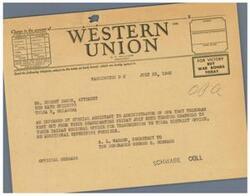["The document includes a telegram sent regarding the purchase of War Bonds, a message from an attorney to a government official regarding a business matter, and a message from the government official to the attorney discussing the progress of the matter. The document also includes information on different classes of service for telegrams and cables."]