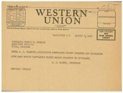 ["A telegram is being sent to George B. Schwabe in Tulsa, Oklahoma regarding an approved application for an allocation. The sender is requesting immediate contact with M.E. Kane to confirm the approval and allocation number, as well as information on a Chevrolet truck ready for delivery. The sender asks for prompt action to avoid severe damages to the applicant. The message is being sent through Western Union and is subject to the terms on the back of the telegram."]