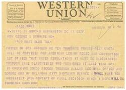 ["The document is about a communication regarding the provision of beef for an American Legion rodeo and convention. The sender, A. N. Williams, received assurance from Potter of OPA that a quota of beef will be provided, but it must be distributed through the same slaughterer as last year. OPA is checking records and a final decision is expected the next morning. The communication is signed by Wadden, Secretary of OPA."]