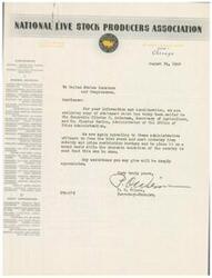 ["The National Livestock Producers Association is reaching out to United States Senators and Congressmen to ask for assistance in freeing the live stock and meat industry from subsidy and price restrictions. They have sent a statement to the Secretary of Agriculture and the Administrator of the Office of Price Administration, and are asking for support in placing the industry on a sound basis during the economic conditions of the country. They list various member agencies and subsidiaries in different states."]