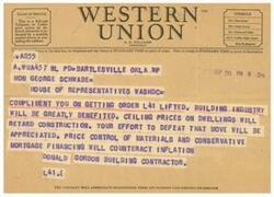 ["The document includes messages sent to Congressman George Schwabe regarding the lifting of order L41, which is beneficial to the building industry. The sender also requests help in increasing ceiling prices on materials to hire more workers at higher wages. The document also includes information about different classes of service for telegrams and cables."]