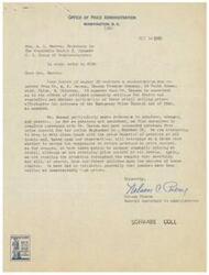 ["The Office of Price Administration received a letter from Mr. Dawson regarding concerns about the effect of published community ceilings for fruits and vegetables on the Emergency Price Control Act of 1942. They have suspended price control for potatoes and oranges, but are studying the situation and will base future policies on their findings. There is no indication of unwarrantedly high prices for peaches. Signed by Nelson C. Perry, Special Assistant to Administrator."]