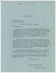 ["A congressman sympathizes with a merchant's complaint about a new OPA regulation, expressing frustration with the bureaucracy and the New Deal administration's support for OPA. The congressman is against all bureaus, particularly OPA, and offers to help the merchant with the oppressive order."]