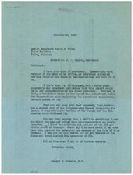 ["Congressman George Schwabe received a telegram from the Retail Merchants Association of Tulsa regarding a false rumor about a report being considered by the House of Representatives. Schwabe reassured them that he will work to obtain relief for them and expressed his disdain for the Office of Price Administration. He also mentioned his vote against the extension of the OPA. He sent them a marked copy of the Congressional Record containing a relevant speech."]