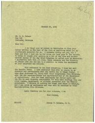 ["The document is a response from George B. Schwabe, a member of Congress, to W. N. Palmer. Schwabe expresses gratitude for Palmer's detailed opinions on various issues facing Congress. He discusses the feed shortage issue, blaming the OPA for the problem and stating that the New Deal philosophy has failed. Schwabe assures Palmer that he has discussed the issue with his constituents and other Congressmen from Oklahoma."]