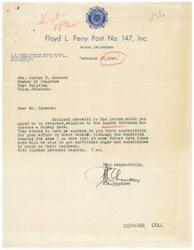["The document is a letter from R.E. Chandler, a service officer at the Floyd L. Perry Post No. 147, Inc. in Miami, Oklahoma, to Honorable  George B. Schwabe regarding the allocation of sugar for the Loughry Brothers who operate a bakery. The document discusses the limitations on sugar allocation for veterans starting new businesses and the challenges they face in obtaining enough sugar to operate. It also mentions the need to balance opportunities for veterans with the limited supply of sugar available. Additionally, the letter suggests contacting the Sugar Section at the Department of Agriculture for potential suppliers of corn products."]
