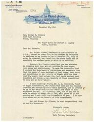 ["The document is a series of letters regarding the difficulties faced by veterans Herbert A. Loughry and his brother in obtaining sugar for their bakery in Miami, Oklahoma. Congressman George B. Schwabe and his office are working to resolve the issue by contacting the Office of Price Administration and the Department of Agriculture to help the veterans obtain sugar substitutes. The documents also mention the involvement of Mr. R. E. Chandler, American Legion Service Officer, in trying to assist the Loughry Brothers. Ultimately, it is determined that there is little that can be done to help the veterans due to limited supply of sugar substitutes."]