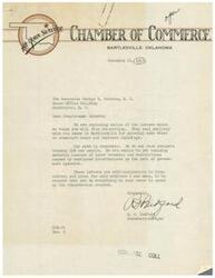 ["The Chamber of Commerce in Bartlesville, Oklahoma is requesting help from Congressman Schwabe to address the urgent need for building materials to construct homes and businesses in their area. They are facing a housing shortage due to labor troubles and government restrictions. They have enclosed two letters explaining the situation and are asking for assistance in speeding up the reconversion program."]
