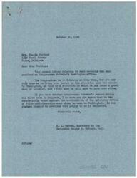 ["Mrs. Stella Fortier wrote a letter to Congressman Schwabe regarding her dissatisfaction with the rent controls set by the Office of Price Administration for her apartment in Tulsa, Oklahoma. She detailed the renovations and improvements made to her apartment, comparing it to neighboring properties with higher rents. Mrs. Fortier expressed frustration with the lack of fair adjustments and the inability to make a living from her property due to high taxes and rent controls. She urged Congressman Schwabe to address the issue of rent controls and OPA policies."]