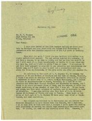 ["The document is from Mr. W.P. Thomson to Congressman George B. Schwabe regarding the possible acquisition of 2.9 acres of land on Drowning Creek. Thomson is handling the matter satisfactorily and is willing to acquire the property in either his name or Schwabe's. Schwabe discusses the poor condition of United States Highway 60 and his efforts to address it with the Oklahoma delegation. He thanks Thomson for his hospitality during his visit in August and mentions plans to meet with Mr. Milbourne and County Clerk Brewster regarding the land acquisition. Schwabe also mentions discussions with Governor Kerr about the neglect of the road and the concerns of the people in the area."]