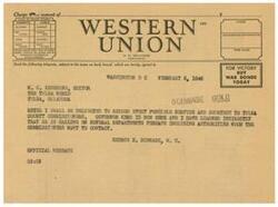 ["The document is a telegram regarding Tulsa County commissioners visiting Washington to discuss the distribution of funds for a road program. The sender, George Schwabe, offers to help them and requests assistance from the recipient, N. G. Henthorne. The telegram also includes instructions regarding the class of service desired for the message."]
