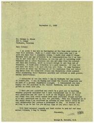["The document is a response from George B. Schwabe to Sidney A. Shook, in which Schwabe expresses his doubts about being able to help Shook due to his efforts to reduce governmental interference in business operations. He mentions recommending Shook for a position at a drugstore in Hominy and for handling surplus property equipment, but expresses frustration at the preference for political connections over qualifications. Schwabe offers to continue to support Shook if needed. Shook had previously informed Schwabe of his plans to purchase a motor company in Pawhuska and his interest in selling surplus equipment for the RFC."]