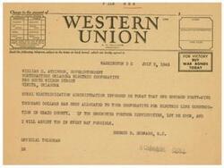 ["The document is a telegram sent on July 3, 1945 from A.N. Williams, President of Union Telegraph Company, to William C. Atkinson, Superintendent of Northeastern Oklahoma Electric Cooperative. The telegram informs Atkinson that $145,000 has been allocated to the cooperative for electric line construction in Craig County. Williams offers assistance if Atkinson encounters any difficulties."]