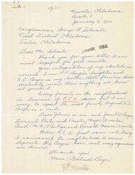 ["Mrs. Gertrude Boyer is writing to Congressman George B. Schwabe in hopes of extending the REA line to service her home in Nowata, Oklahoma. She mentions that her family and neighbors are eager for the service, and provides a sketch of the area to show the distance between her home and the end of the current line. Congressman Schwabe responds, requesting more information about other subscribers in the area who may also benefit from the extension. He expresses willingness to assist with the request."]