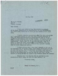 ["The document is from George B. Schwabe, a congressman, responding to a letter from G. C. McBroom regarding Rural Electrification Administration projects in their area. Schwabe mentions that funding has been approved for extensions and that he is actively working to help local cooperatives in his district obtain REA service. He also shares his own experience with trying to get REA service for his farms. Schwabe expresses hope that service will be extended to McBroom's neighborhood soon."]