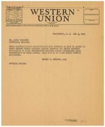 ["An official message from George B. Schwabe to James Flemming informing him that a loan of $390,000 has been approved for the Indian Electric Cooperative in Cleveland, Oklahoma. The loan will cover the construction of an electric line in Osage County. Flemming is invited to seek further assistance if needed."]