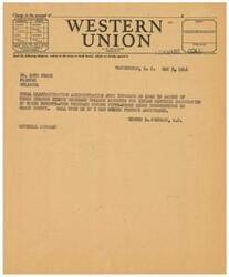 ["The document is a message sent by George B. Schwabe to Mr. Loyd Evans, Mr. V. J. Lockett, and Mr. Otis Glenn informing them that a loan has been approved for the Indian Electric Cooperative for construction in Osage County. Schwabe offers further assistance if needed. The message is to be sent as a telegram and charges will be applied accordingly."]