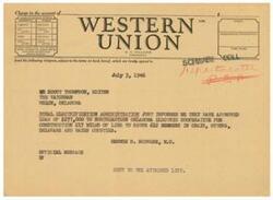 ["The document is a telegram sent by George B. Schwabe informing about the approval of a loan by the Rural Electrification Administration for the construction of an electric line in Oklahoma. The message is directed to several newspaper editors in different Oklahoma cities."]