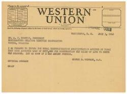 ["A telegram is being sent to Mr. A. F. Houston informing him that a loan has been approved by the Rural Electrification Administration for the construction of 217 miles of line to serve 612 members. The sender, George B. Schwabe, offers further assistance if needed."]