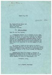 ["The document is regarding a claim made by Mr. George Willie Horner and Mrs. Nora Lee Horner for amounts due in the case of their late son, Carl B. Horner, who served in the Army Air Corps. The Comptroller General of the United States has decided that settlement will be made to Mrs. Myrtle Mae Horner as administratrix, and there is no authority of law for payment of the claim made by Mr. and Mrs. Horner. Congressman Schwabe expressed regret that a more favorable decision could not be obtained and offered assistance in the future. Additionally, there is a request for further information regarding the will of Carl B. Horner in order to expedite the claim process."]
