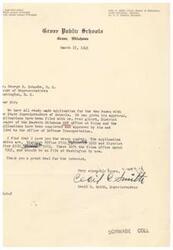 ["The document is from Cecil C. Smith, Superintendent of Group Public Schools in Oklahoma, to Mr. George B. Schwabe, a member of the House of Representatives. Smith is updating Schwabe on the progress of the school's application for two buses with the State Superintendent of Schools and the Office of Defense Transportation. Smith apologizes for providing the wrong application numbers and assures Schwabe that the applications should be on file in Washington by now. Smith expresses gratitude for Schwabe's interest in the matter."]