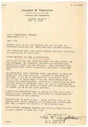 ["A letter from a men's store in Shawnee, Oklahoma to Congressman Schwabe in Washington, D.C. requesting support to maintain their Men's and Boys Apparel Market during wartime. The merchants believe the markets are essential to the war effort as they help conserve resources such as transportation, hotel space, and fuel. They explain that the markets allow them to efficiently purchase goods from multiple manufacturers in one location, saving time and resources. The merchants emphasize the importance of the markets in helping them secure merchandise to keep their stores open and contribute to the war effort."]