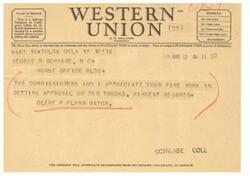 ["The document is a series of telegrams and letters between George B. Schwabe and Honorable Olney F. Flynn, the Mayor of Tulsa, regarding the approval of ten trucks for the Garbage Department. Mr. Schwabe communicates that the Office of Defense Transportation has approved ten trucks, with the possibility of the other nine being approved after April 1. He provides updates on the situation and offers his assistance to the Mayor. The messages are sent via Western Union Telegram."]