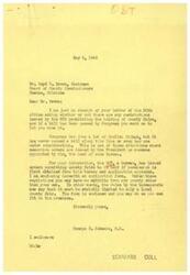 ["Mr. Boyd L. Brown, Chairman of the Board of County Commissioners in Pawnee, Oklahoma, wrote to Congressman George Schwabe inquiring about any restrictions issued by the War Production Board prohibiting County Fairs. Congressman Schwabe responded that there were no restrictions passed by Congress, but that the ODT had issued orders allowing County Fairs to be held with permission and approval. He enclosed an application form and stated that only local county exhibits were allowed. Schwabe advised Brown to follow the regulations set by the bureau."]