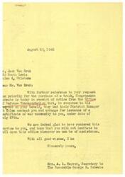 ["Mr. Jack Van Erck from Tulsa, Oklahoma requested a priority for the purchase of a truck, and Congressman Schwabe helped him obtain a Certificate of War Necessity from the Office of Defense Transportation. The certificate was issued on July 27, 1945, after Mr. Van Erck submitted a revised request. The document expresses gratitude for the assistance provided and offers further help if needed."]