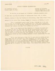 ["Colonel J. Monroe Johnson, chairman of the War Committee on Conventions, wrote to Coburn Jones of the Garden City Chamber of Commerce stating that due to transportation shortages and uncertainty following V-E Day, it is not advisable to plan and prepare for agricultural fairs on a large scale. He advised that only county fairs conducted on a strictly local basis may be feasible."]