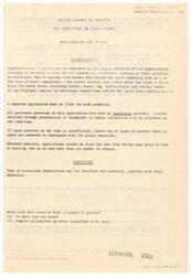 ["The document outlines the application process for obtaining a permit from the United States War Committee on Conventions for holding gatherings with more than 50 attendees traveling from outside the local area. The application must include details about the sponsoring organization, location, expected attendance, purpose of the gathering, and the potential impact of canceling the event on the war effort. The application should be submitted at least 30 days in advance but no more than six months prior to the event date. The completed application should be mailed to the Secretary of the War Committee on Conventions in Washington, D.C."]