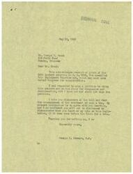 ["George D. Brock wrote a letter to George B. Schwabe expressing his disapproval of the Fair Employment Practice Act, Bill H.R. 2232. He believes that the bill could lead to shyster lawyers taking advantage of employees and causing prejudice. Schwabe responds that he agrees with Brock's concerns and will not sign a petition to bring the bill to the floor for discussion. Schwabe assures Brock that he will vote against the legislation if it comes before the House."]
