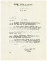 ["The Purcell Cotton Oil Company is writing to Congressman Geo. Schwabe to protest bill HR 2232, which they believe is unnecessary and gives too much power to bureaucratic offices like the Fair Employment Practice Commission. They argue that the bill goes against the principles of free enterprise and urge for the elimination of such bureaus as soon as possible after V-J day."]
