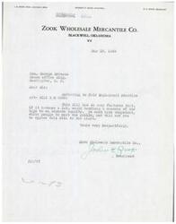 ["The document is from Zook Wholesale Mercantile Co. in Blackwell, Oklahoma, expressing opposition to the Fair Employment Practice Act. They believe the bill would handicap their business by requiring them to employ people of different races, and they request that Honorable  George Schwabe oppose the bill."]