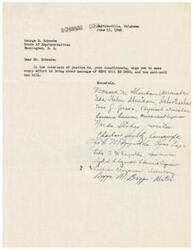 ["The document is urging George B. Schwabe, a member of the House of Representatives, to make efforts to pass the FEPC bill HR 2232 and the anti-poll tax bill in the interests of justice. It is signed by several constituents from various professions."]