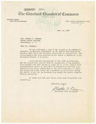 ["The Cleveland Chamber of Commerce is recommending the disapproval of the Norton Fair Employment Practice Bill, as well as any legislation dealing with the issue of discrimination. They believe that discrimination cannot be prevented by legislation and that it would be detrimental to minority groups and hinder progress made during the war in breaking down discriminatory practices. Walter I. Beam, the Executive Vice President, urges Honorable  George B. Schwabe to consider their views."]