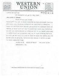 ["The document is a telegram urging the recipient to sign a discharge petition for a bill related to fair employment practices. The sender emphasizes the importance of the bill for minorities and all Americans, and requests notification when the petition is signed. The telegram also mentions the quickest and safest way to send money is by telegraph or cable."]