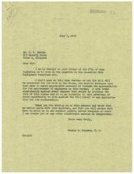 ["Mr. G.W. Morris wrote to Congressman George B. Schwabe asking him to vote against the Fair Employment Practices Act. Schwabe responded, stating that he has consistently voted against measures supporting the bill and will continue to do so. He thanked Morris for writing to him and encouraged him to reach out with any other concerns or issues."]