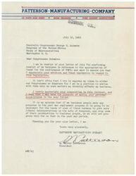 ["The document is a letter from the Patterson Manufacturing Company to Congressman George B. Schwabe regarding the appropriation of funds for the continuance of FEPC. The company appreciates the congressman's attitude and cooperation on the matter and expresses the importance of more liberal interpretations of acts of Congress in order to make progress in the post-war employment program. The document is signed by A. Walter Patterson, the President of the company."]