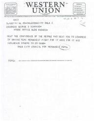 ["The document provides information about different symbols used in Western Union telegrams, such as DL for Day Letter and NL for Night Letter. It also includes a message urging support for making FEPC permanent and asking for suggestions from patrons about their service."]