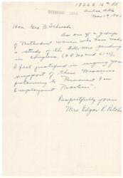 ["The document is from Mrs. Edger R-Pitcher to Honorable  Geo. B. Schwabe, discussing support for pending bills in Congress related to permanent employment practices. Mrs. R-Pitcher mentions being part of a group of Methodist women who have studied the bills and feel justified in supporting them."]