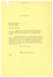 ["Mrs. E. A. Wycoff wrote to George B. Schwabe urging his support for H. R. 700 and S. 101 regarding permanent fair employment practices. Schwabe responded that the measures have not been presented for consideration yet and that he is giving the matter serious thought. He hopes his vote on the subject will not be displeasing to Mrs. Wycoff."]