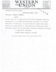 ["The document provides information about different symbols used in telegrams and cables, as well as the standard time for filing and receiving messages. It also includes a message urging for adequate funds for the Fair Employment Practices Committee to continue its work during wartime."]