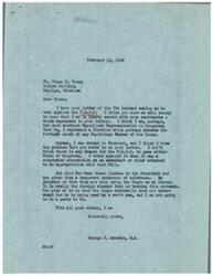 ["The document is from George Schwabe, a Republican Representative in Congress, responding to a letter from Glenn Young asking him to vote against the F.E.P.C. Schwabe agrees with Young's sentiments and expresses his belief that the F.E.P.C. will not pass in Congress. He believes that the movement is being driven by the foreign element rather than the rights of minorities. Young's letter argues against the F.E.P.C. as he believes it forces employers to hire specific groups against their will, and he urges Schwabe to protect the rights of American citizens of white ancestry."]