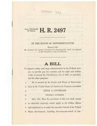 ["The document is a bill introduced in the House of Representatives in 1945 by Mr. Jackson to improve salary and wage administration in the Federal service. It includes provisions for overtime pay, pay for night and holiday work, and amendments to the Classification Act of 1923. The bill applies to civilian officers and employees in the executive branch of the government, with specific exemptions listed. It also outlines rates for overtime compensation based on employees' basic compensation. Additionally, it includes provisions for compensatory time off for irregular or occasional overtime work and pay for night and holiday work."]