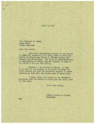 ["Mrs. Florence I. Odell wrote a letter to Congressman George B. Schwabe endorsing H.R. 2497. The Congressman's office acknowledged receipt of the letter and informed Mrs. Odell that the bill is pending in the House Committee on Civil Service and hearings are expected to start later in the month. The office also stated that they will bring Mrs. Odell's letter to the Congressman's attention upon his return to Washington."]